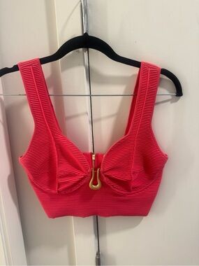 Aje Red Ribbed Zip-Front Bralette with Gold Hardware
